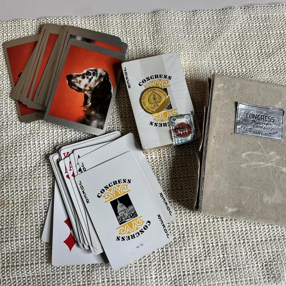 Vintage Congress Bridge Playing Cards Double Deck Dog Portrait Set Boxed Case